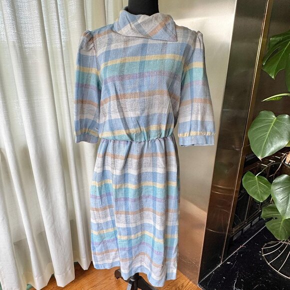 Vintage 80s dress, blue, purple, yellow, white, pastel plaid; asymmetric collar - Picture 1 of 10